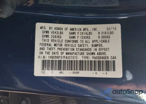 2015 Honda Accord Hybrid Exl из США, поврежденный, VIN 1HGCR6F57FA007573